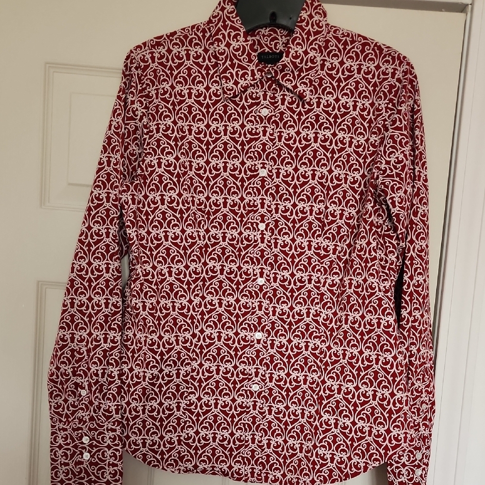 Talbots Red and White Button Down Shirt with Geometric Pattern